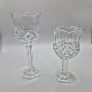 Home Interiors Glass Votive Candle Holders Set 2 Clear Diamond Cut Tulip USA